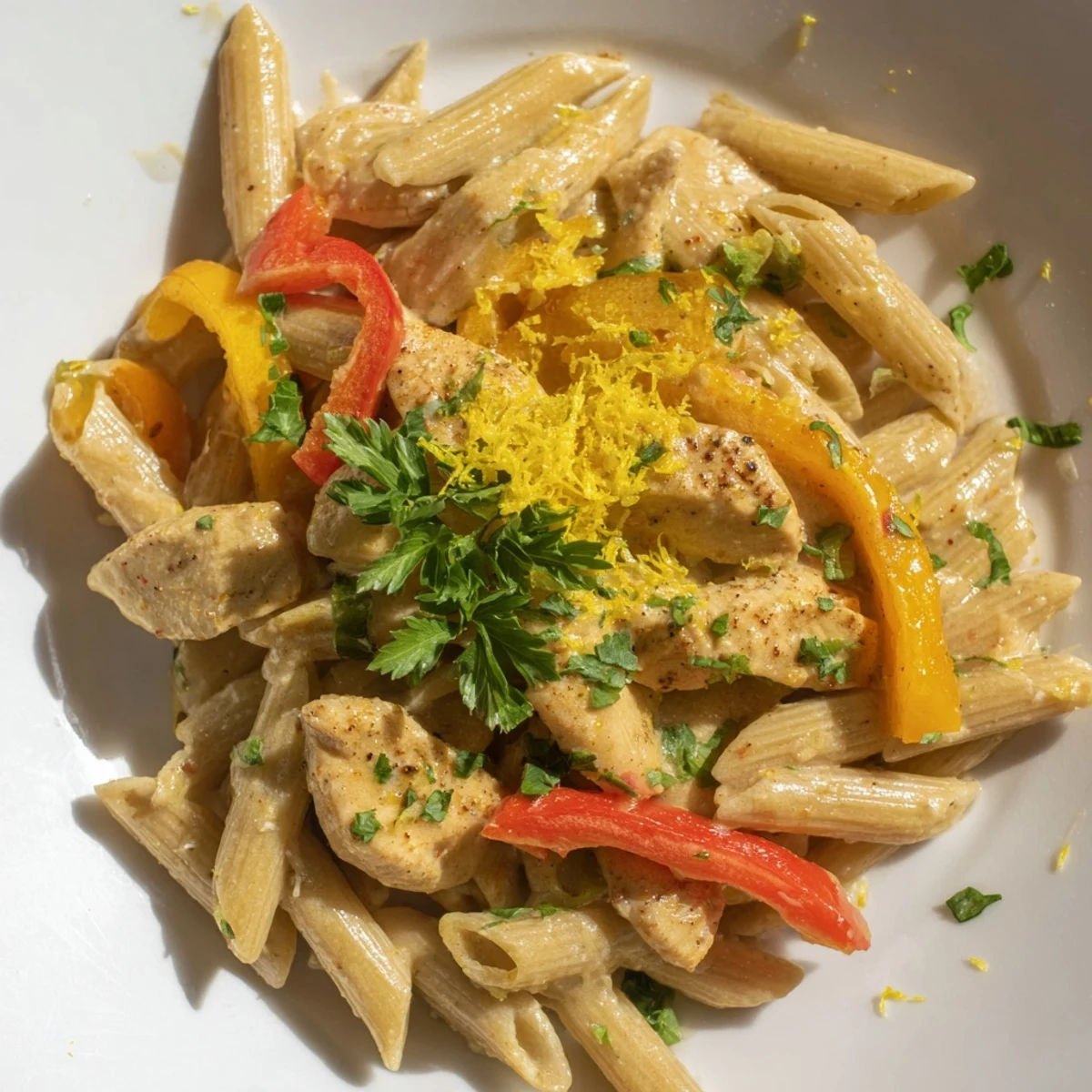 Savory Creamy Cajun Chicken Pasta Lite garnished with fresh parsley, a healthy and colorful weeknight dinner for four.