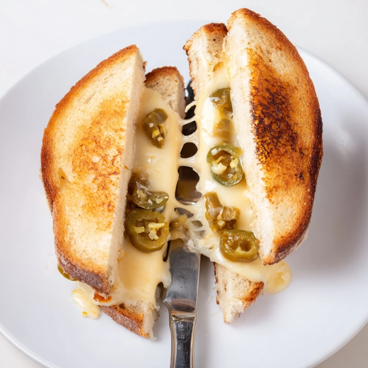 Toasted sandwich cut diagonally, revealing spicy pepper jack and pickled jalapeños melting between buttery sourdough. 