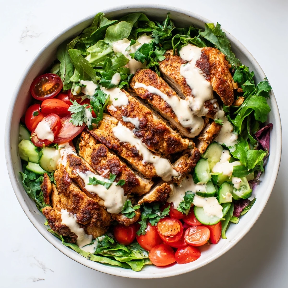 Gluten-free Chicken Shawarma Salad Bowl showcases tender marinated chicken, colorful vegetables, and a tangy yogurt garlic sauce, perfect for healthy weeknight dinners.