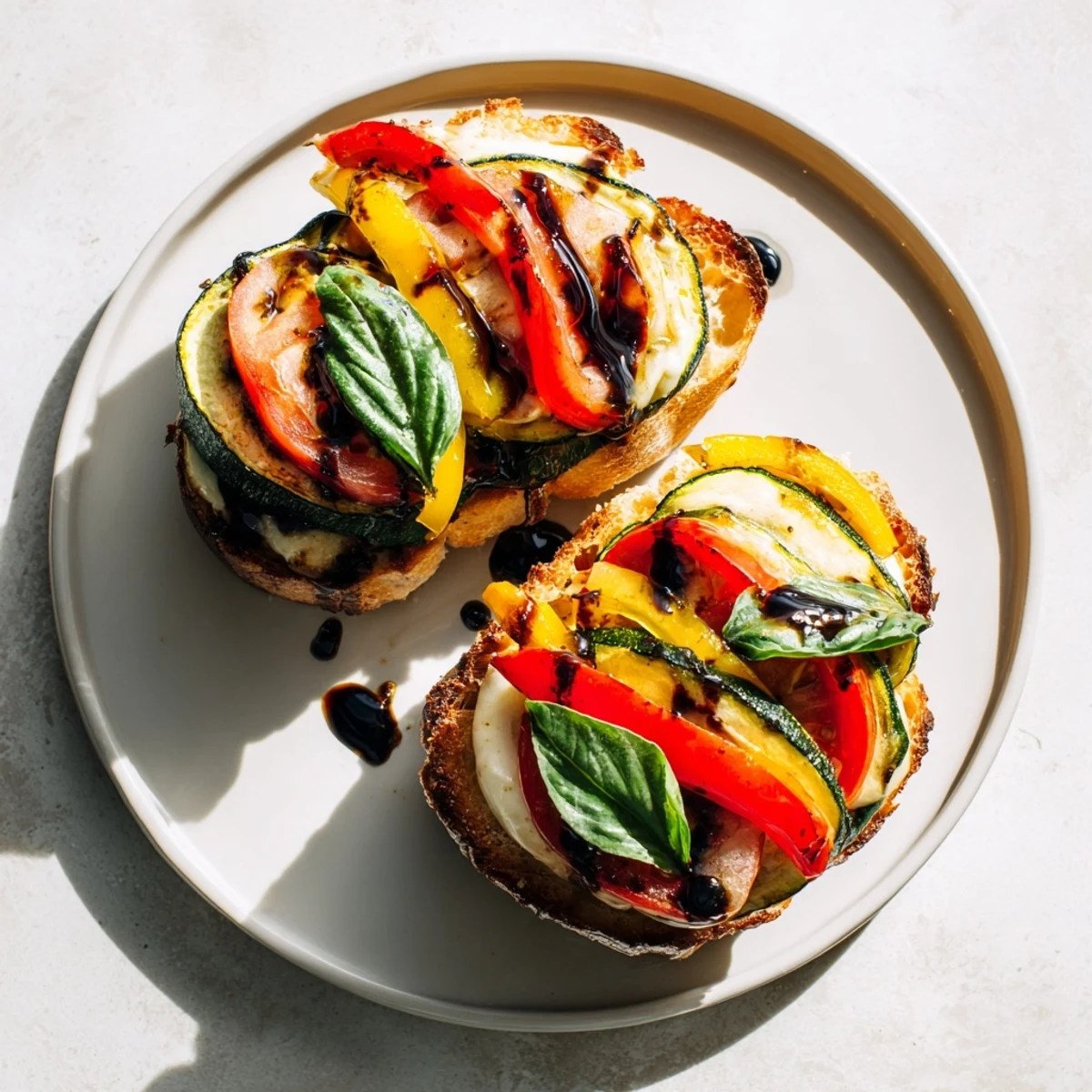 A close-up of the Roasted Veggie Caprese Grilled Cheese shows oozing mozzarella and balsamic glaze on toasted bread filled with colorful roasted vegetables and vibrant basil leaves.  