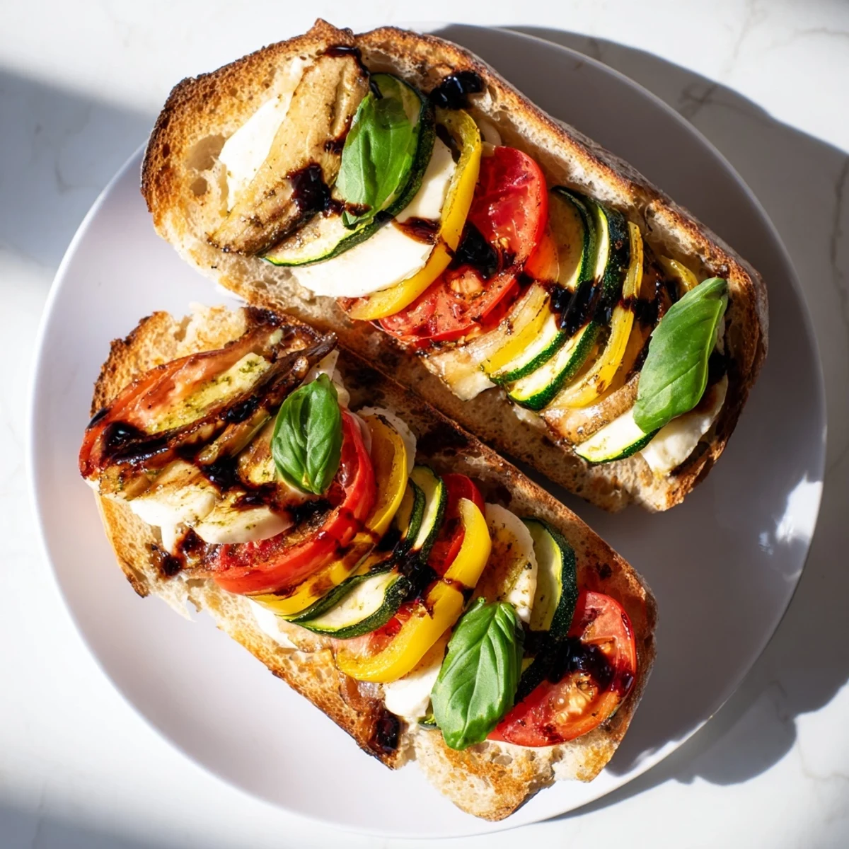 Served warm and sliced, the Roasted Veggie Caprese Grilled Cheese pairs with a green salad, highlighting golden crust and colorful roasted veggies inside for an Italian-American meal.