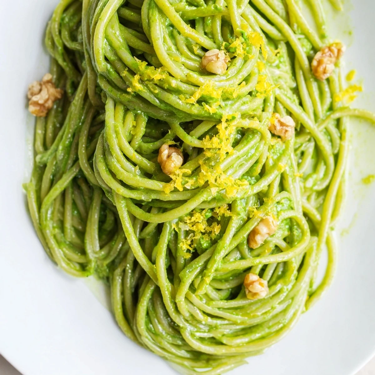 Steaming bowls of creamy spinach walnut pasta sit on a rustic table, garnished with extra chopped nuts and lemon zest.  