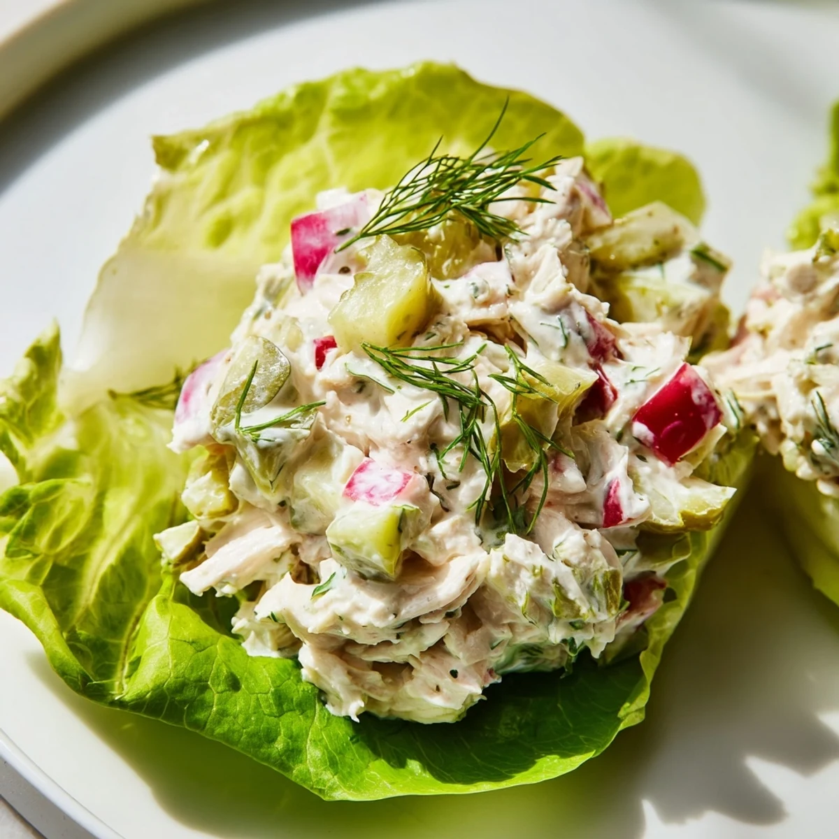 Juicy Dill Pickle Chicken Salad Lettuce Cups plated with extra pickle juice drizzle, perfect for easy weeknight dinners.