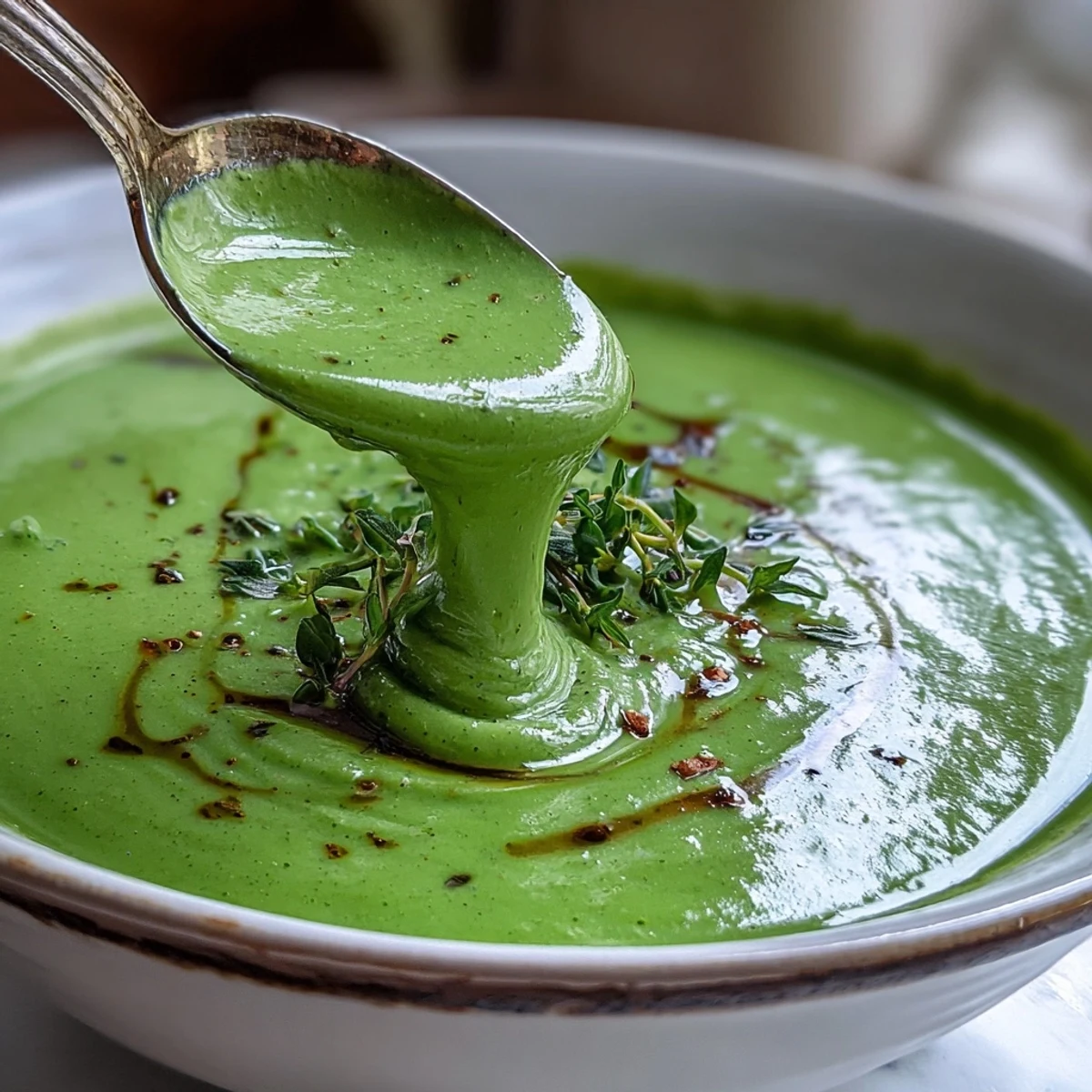 Creamy Big Green Immunity-Boosting Vegetable Soup in a rustic bowl, garnished with fresh spinach and a lemon wedge.  