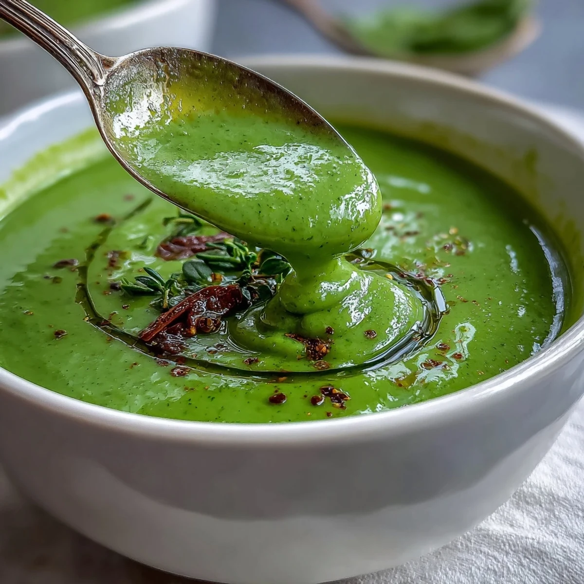 A nourishing bowl of Big Green Immunity-Boosting Vegetable Soup, served hot with crusty bread for dipping.