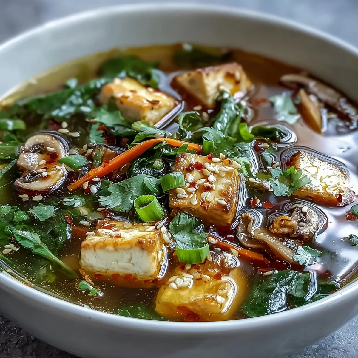 A steaming bowl of Ginger-Miso Winter Soup with napa cabbage, carrots, and shiitake mushrooms, topped with scallions and toasted sesame seeds.