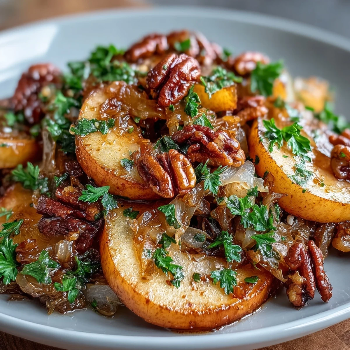 Golden apple slices and sauerkraut sizzle in a skillet, garnished with fresh parsley and crunchy walnuts for a vibrant, tangy side dish.