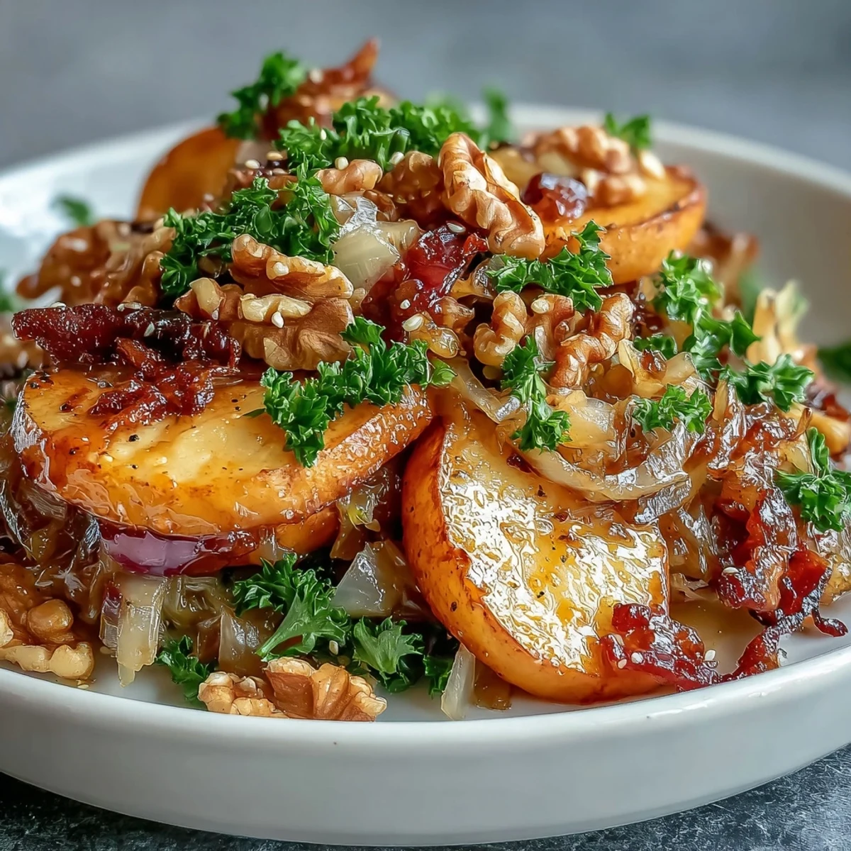 This comforting, gut-healthy skillet salad features tender apples and onions, a splash of cider vinegar, and a sprinkle of caraway seeds.