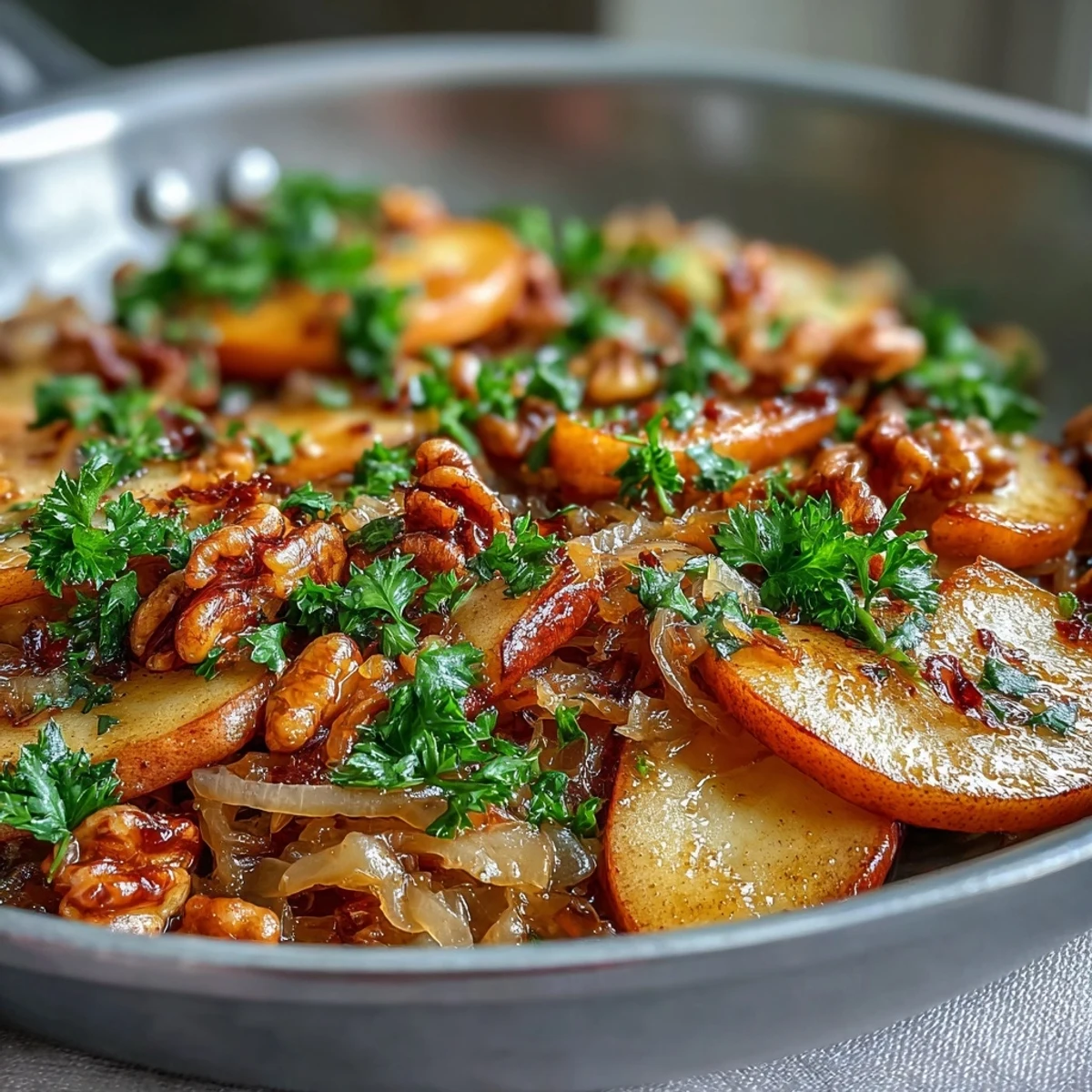 Warm, caramelized apples mingle with probiotic sauerkraut in this German-inspired skillet salad, served from a rustic cast-iron pan.