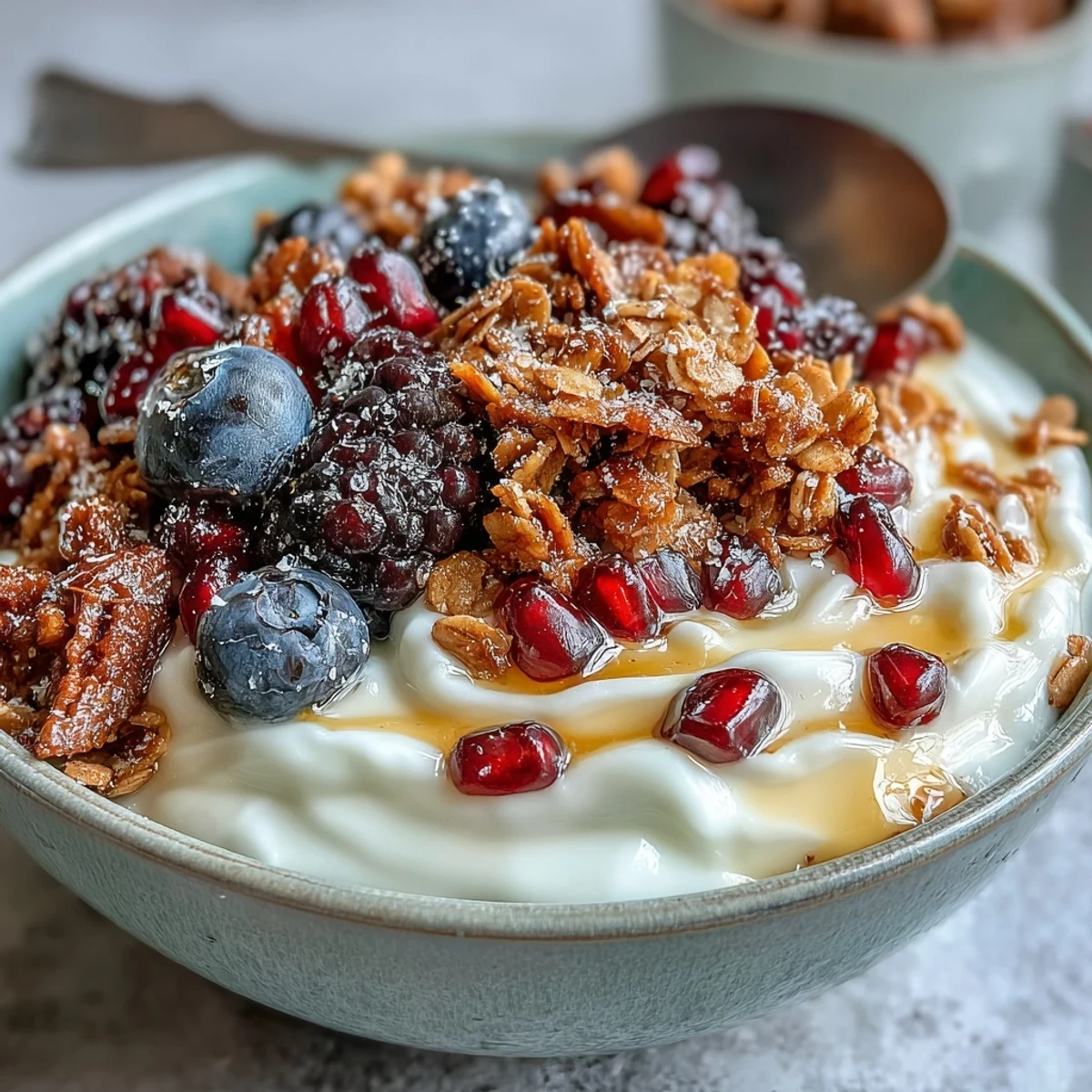 Creamy probiotic yogurt topped with jewel-toned winter berries and a fragrant cinnamon ginger spiced crunch in a cozy breakfast bowl.