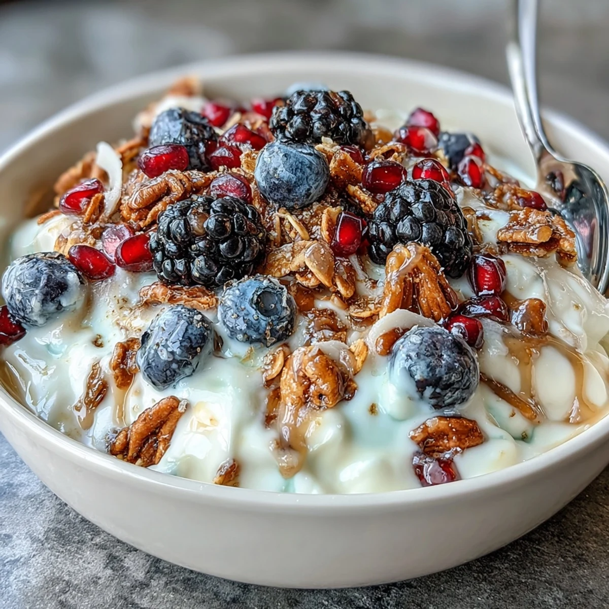 Golden spiced crunch, fresh cranberries, and pomegranate seeds add texture to this nourishing Yogurt Bowl with Winter Berries and Spiced Crunch.