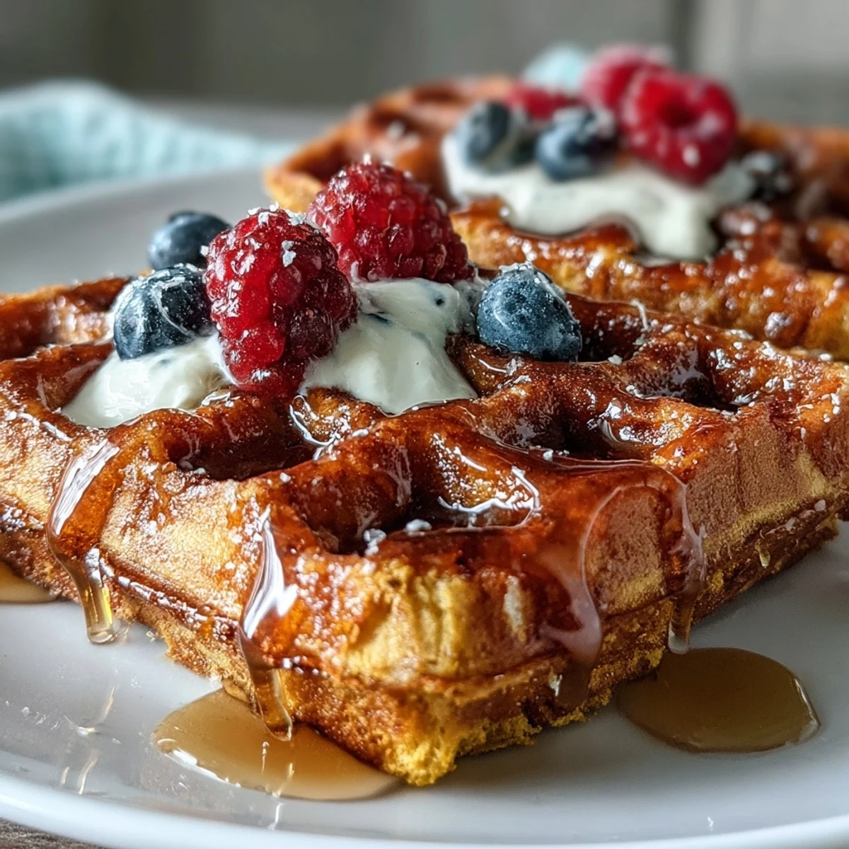 Fluffy golden Anti-Inflammatory Adaptogenic Turmeric Waffles fresh from the waffle iron, topped with creamy Greek yogurt and vibrant fresh berries.  