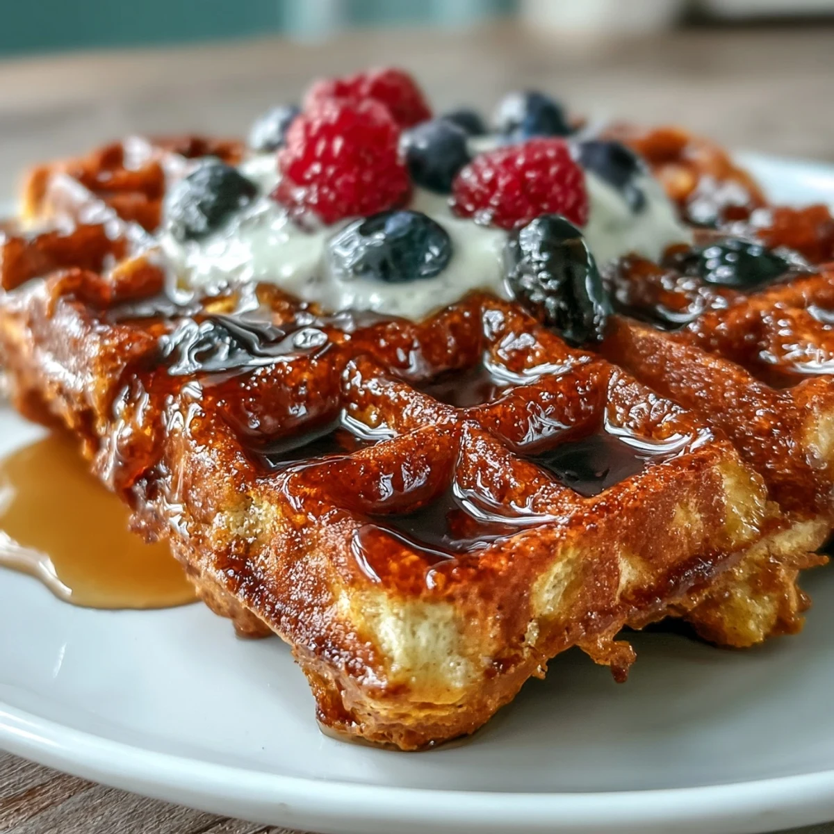 Savory-sweet Anti-Inflammatory Adaptogenic Turmeric Waffles studded with warm spices, served with sliced banana and a drizzle of maple syrup.  