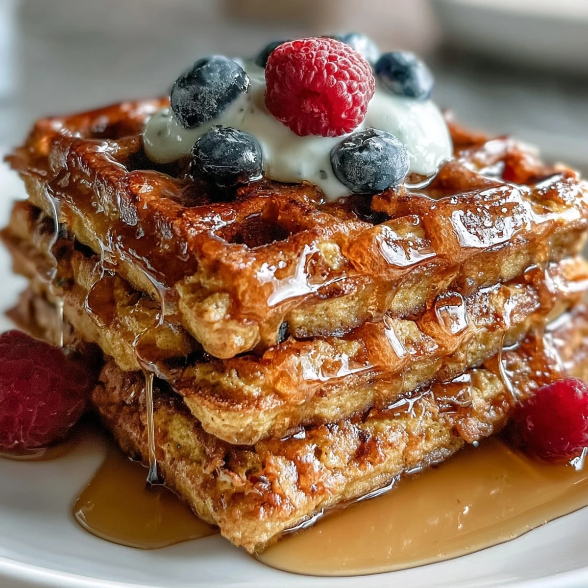 Stack of warm Anti-Inflammatory Adaptogenic Turmeric Waffles garnished with chopped nuts and seeds, ready for a nourishing breakfast.