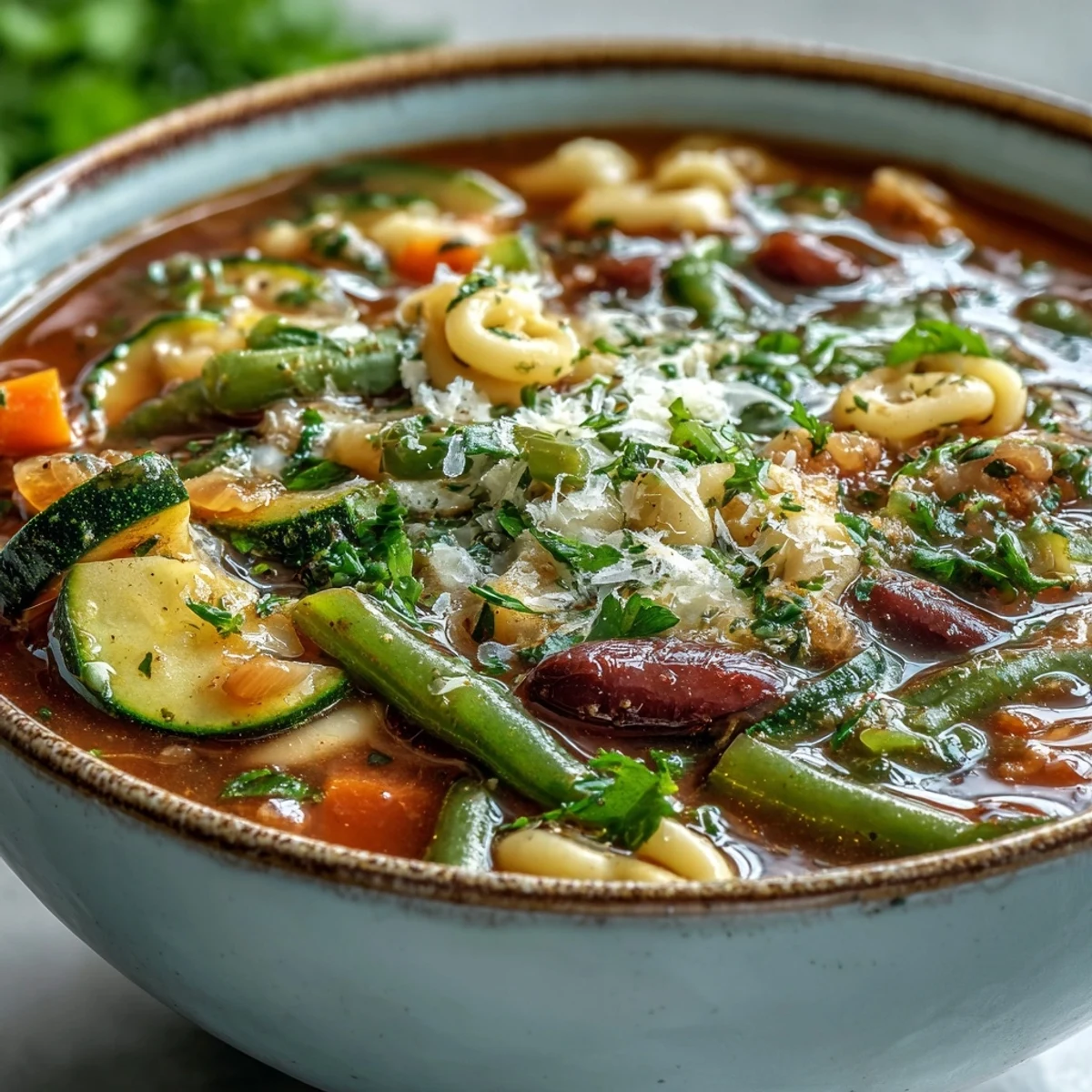 Hearty vegetarian Minestrone Soup simmers in a pot, showcasing diced zucchini, carrots, and creamy white beans in a flavorful Italian-style broth.