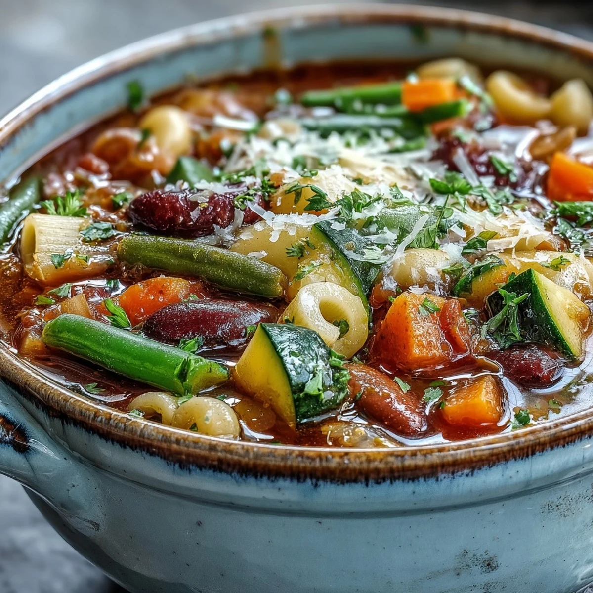 A steaming bowl of homemade Minestrone Soup brims with colorful vegetables, beans, and pasta in a rich tomato broth, garnished with Parmesan and fresh parsley.