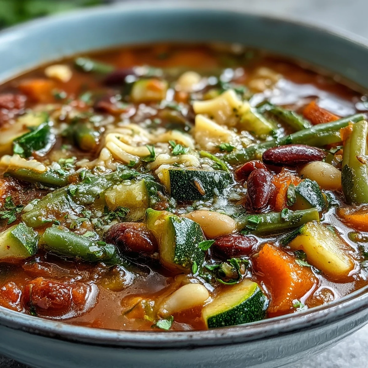 Freshly ladled Minestrone Soup fills a rustic bowl, topped with a drizzle of olive oil and crusty Italian bread on the side.