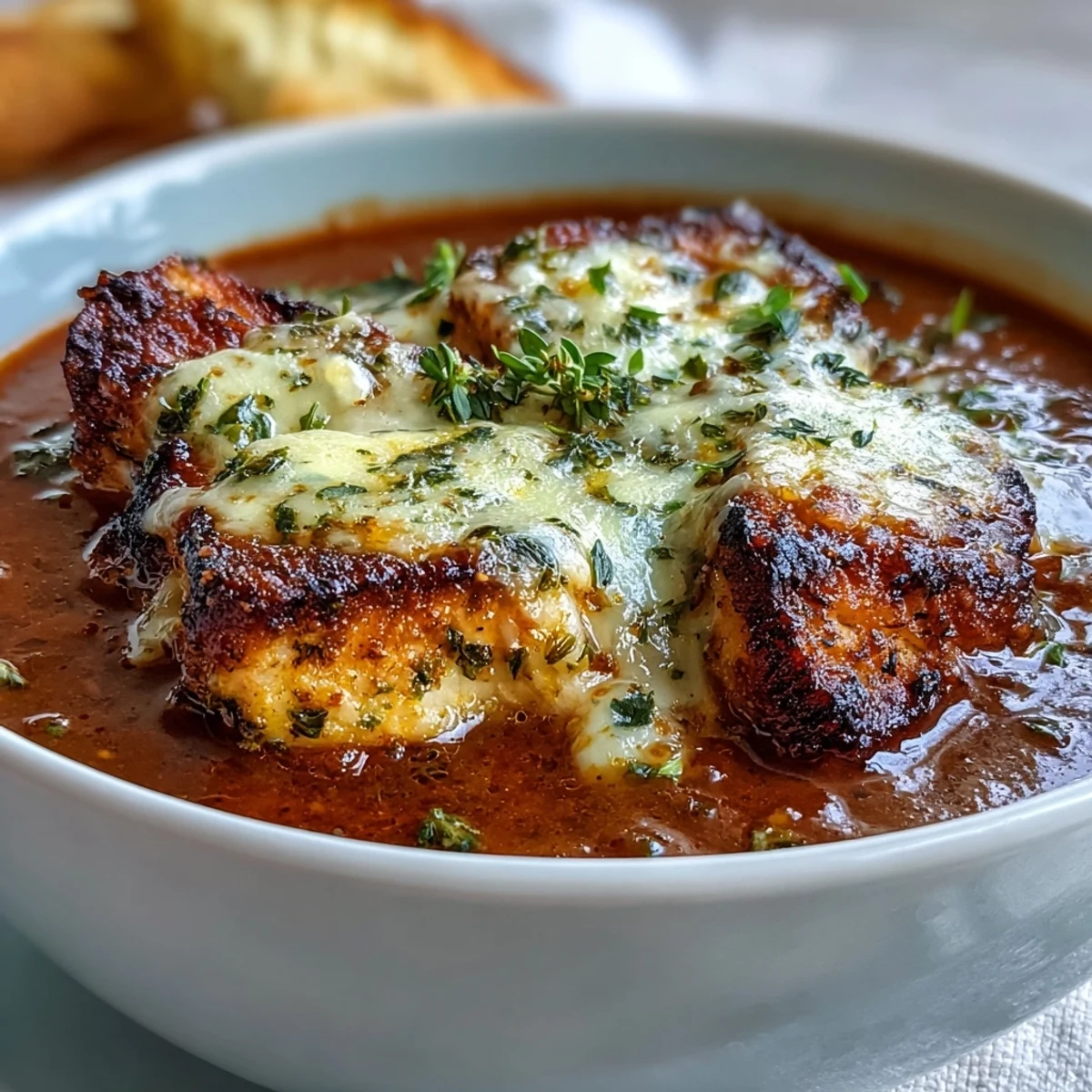 A close-up of a steaming bowl of Grilled Chicken Parmesan Soup, topped with melted cheeses, fresh basil, and garlic croutons.  