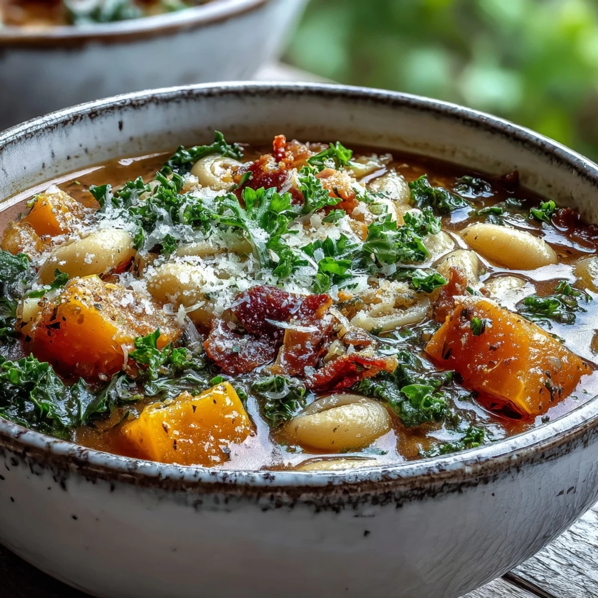 A steaming bowl of Fall Minestrone soup with butternut squash, kale, and pancetta, garnished with fresh parsley and Parmesan.