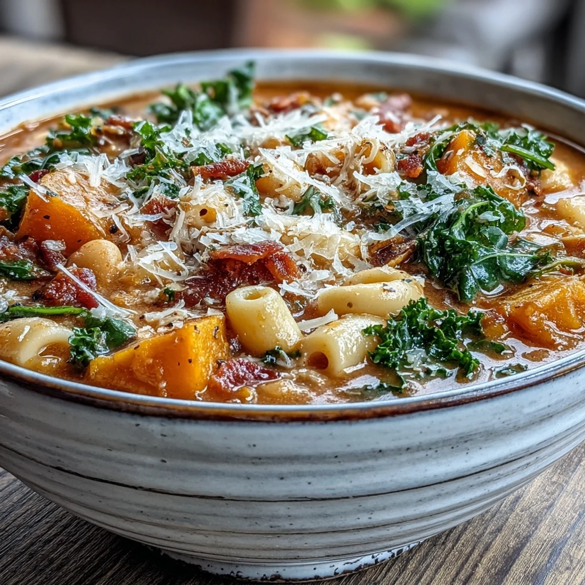 Fall Minestrone served in a rustic bowl, showcasing tender squash, wilted kale, and a drizzle of olive oil.