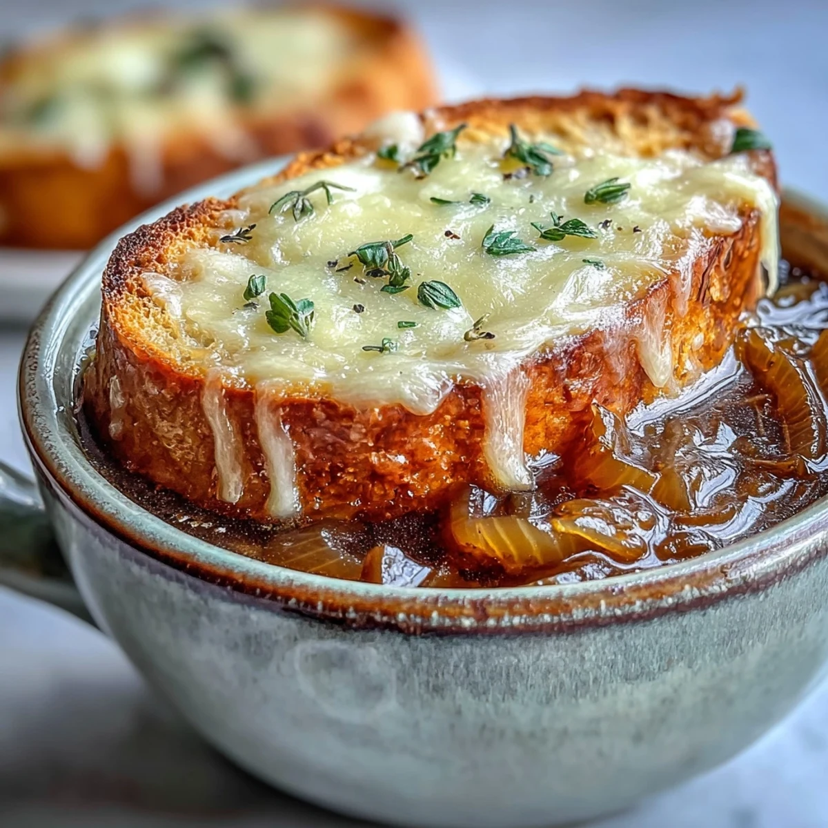 Savory Dutch Oven French Onion Soup ladled into an oven-safe crock, topped with a toasted baguette and melted cheese, ready to serve as a comforting meal.  