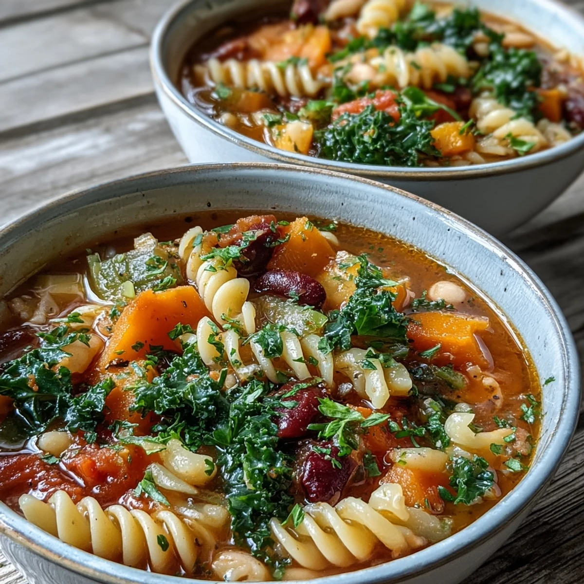 Freshly ladled Winter Minestrone Soup With Butternut Squash and Kale is garnished with parsley and Parmesan, perfect for a cozy dinner.