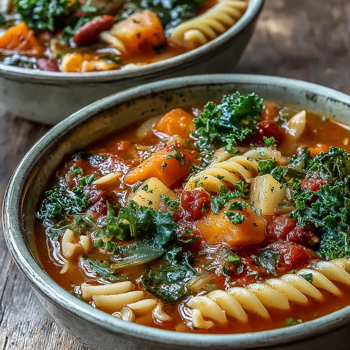 Rustic photo of Winter Minestrone Soup With Butternut Squash and Kale served with crusty bread, highlighting hearty beans and kale leaves.