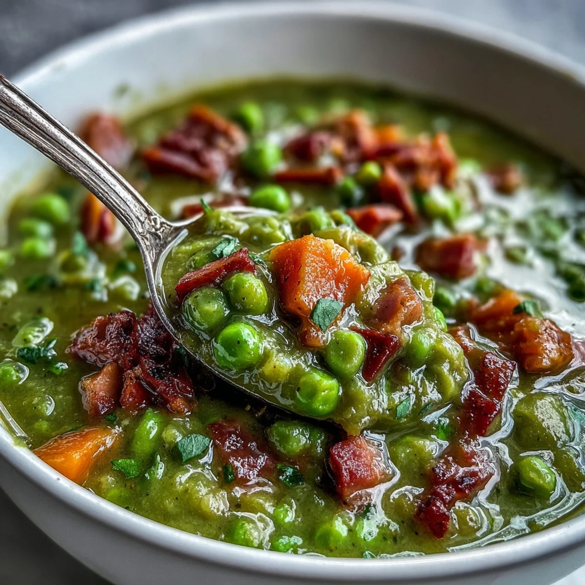 A bowl of steaming Split Pea and Ham Soup, dotted with tender peas and chunks of savory ham, perfect for a cozy winter meal.