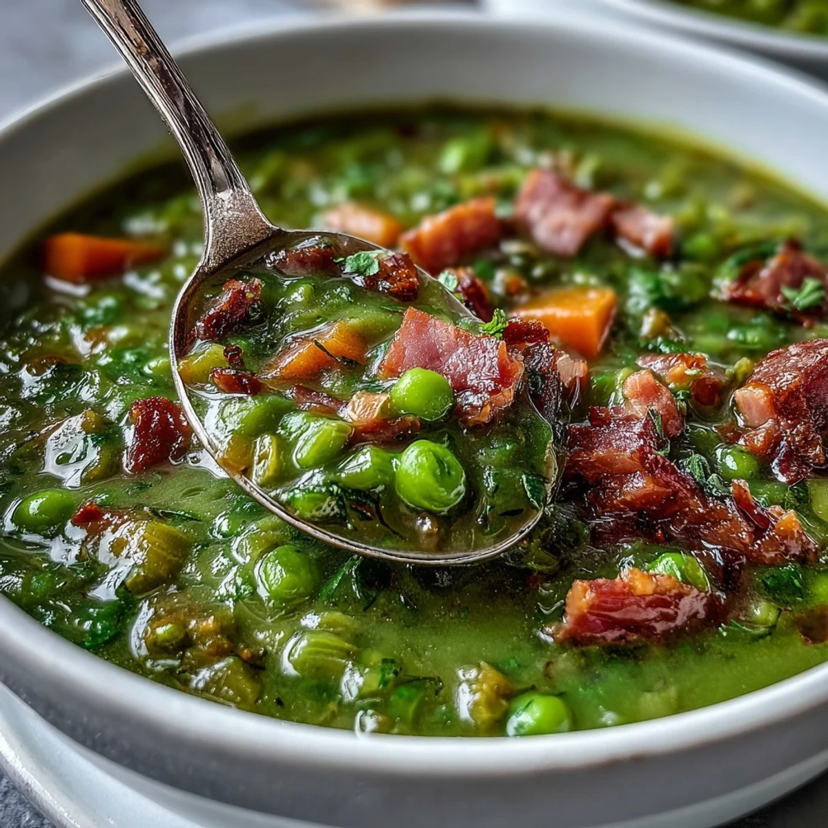 Hearty Split Pea and Ham Soup in a rustic bowl, garnished with fresh herbs and served alongside a slice of crusty bread.