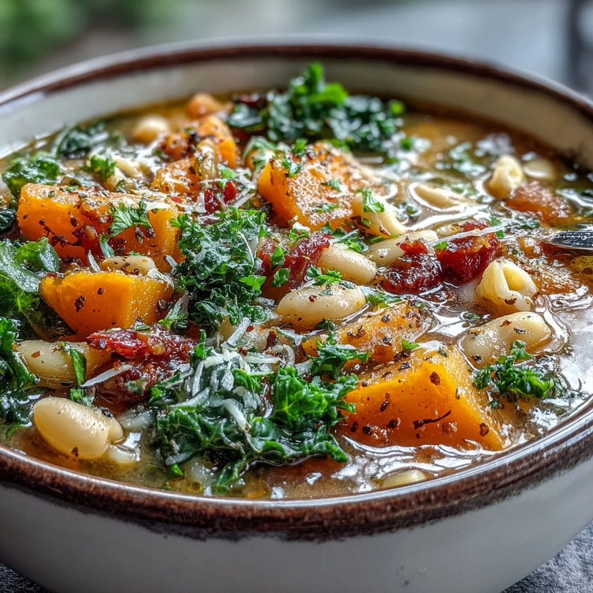 A steaming bowl of Winter Minestrone Soup featuring kale, butternut squash, and beans, topped with Parmesan and parsley.  
