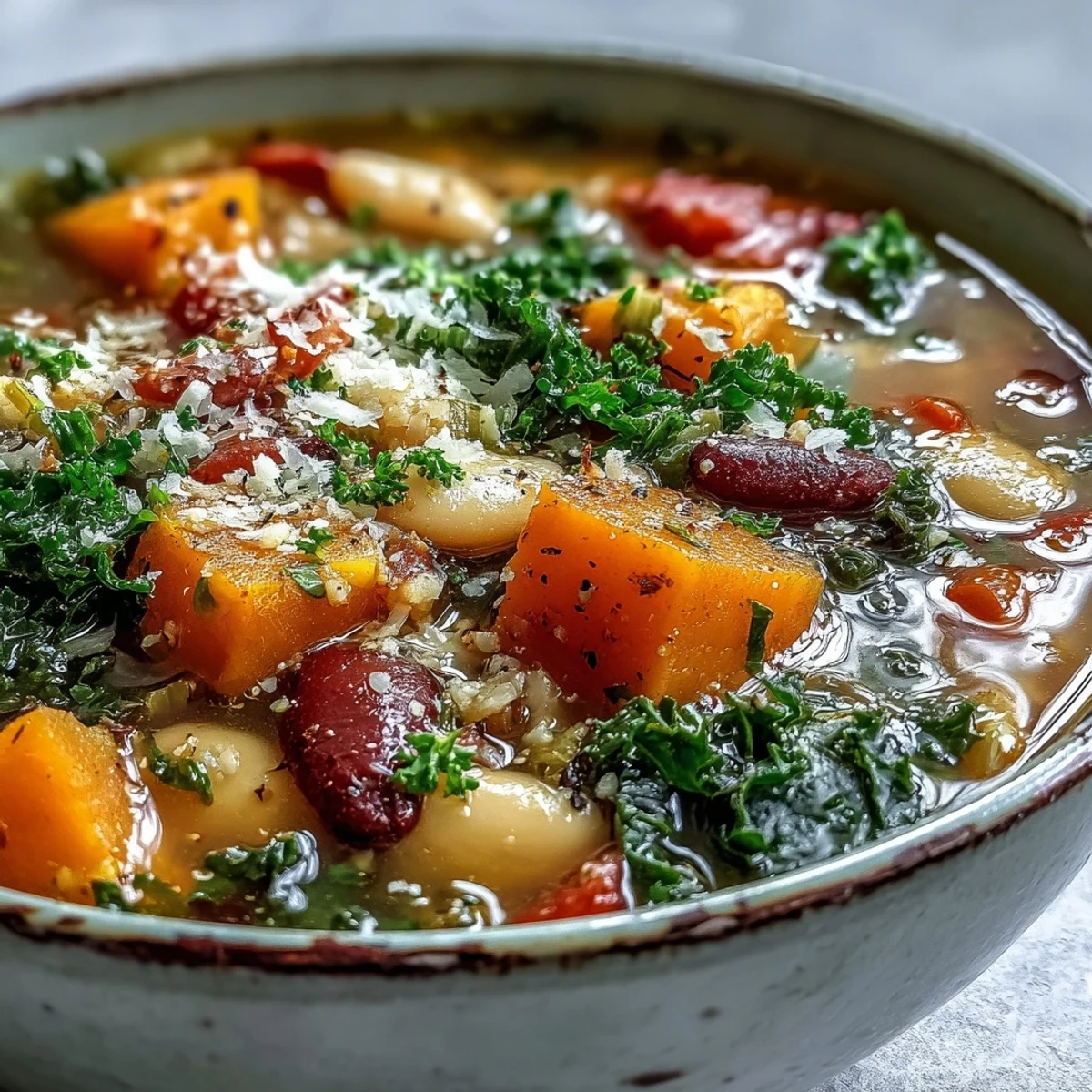 Winter Minestrone Soup served in a rustic mug with a side of crusty bread for dipping into the savory broth.  