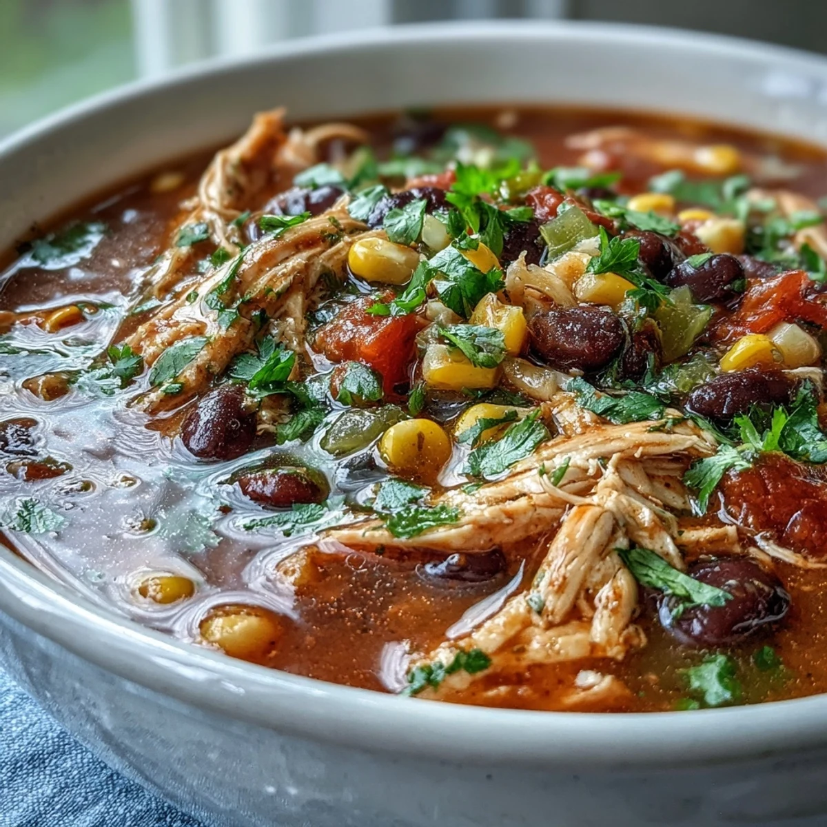 Hearty Southwestern Turkey Soup served in a rustic bowl, showcasing vibrant red tomatoes, green chiles, and hearty beans in a savory broth.