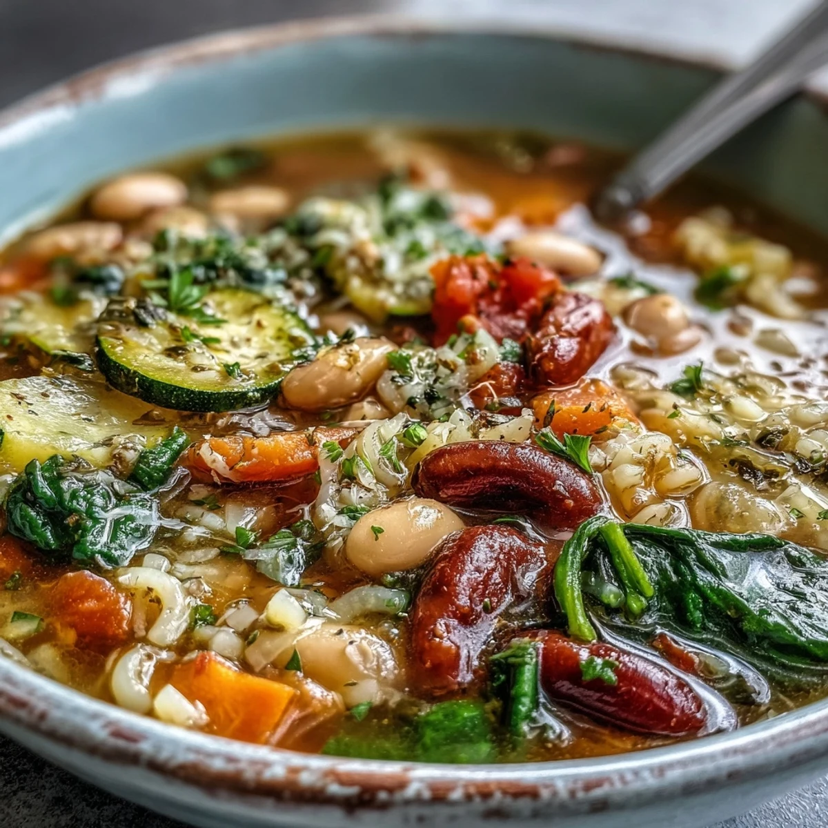 Hearty Minestrone Soup with beans and pasta in a rich tomato broth, topped with fresh parsley and served in a rustic bowl.