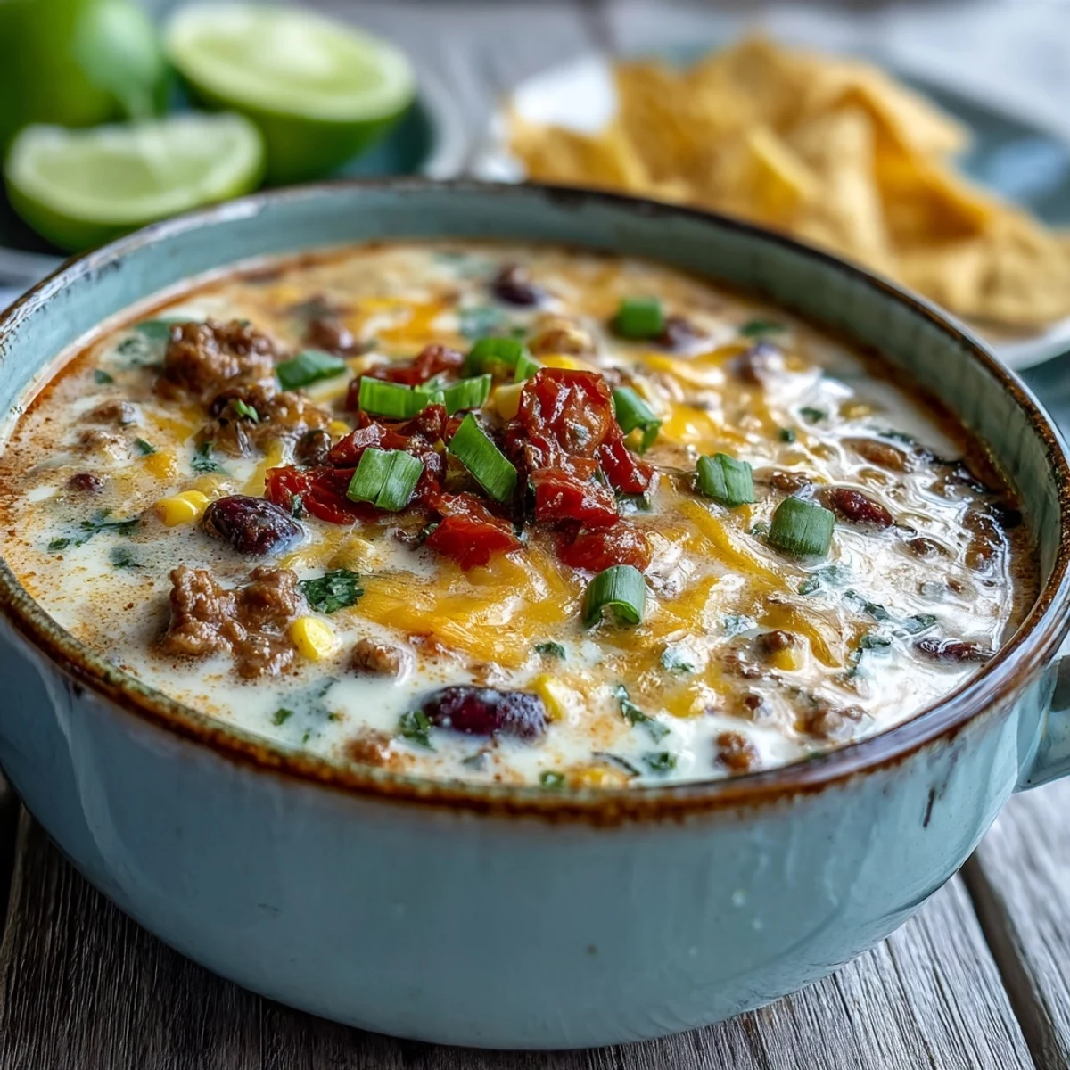 A bowl of creamy taco soup topped with shredded cheese, green onions, and crushed tortilla chips, next to lime wedges for squeezing.  