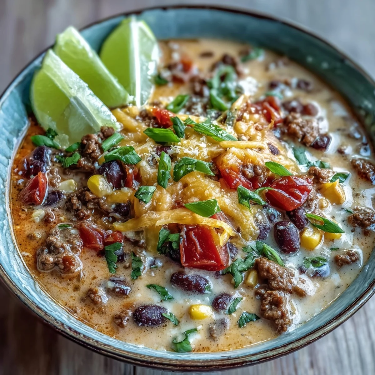 Creamy taco soup simmering in a Dutch oven, with ground beef, corn, and beans in a rich, tomato-based broth.  