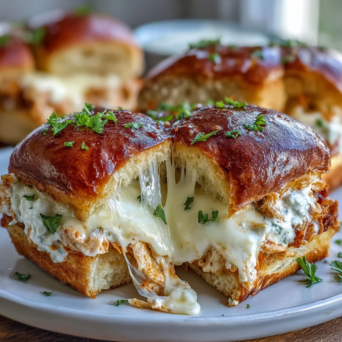 Golden-brown Pizza Dip Sliders fresh from the oven with bubbly melted cheese topping.