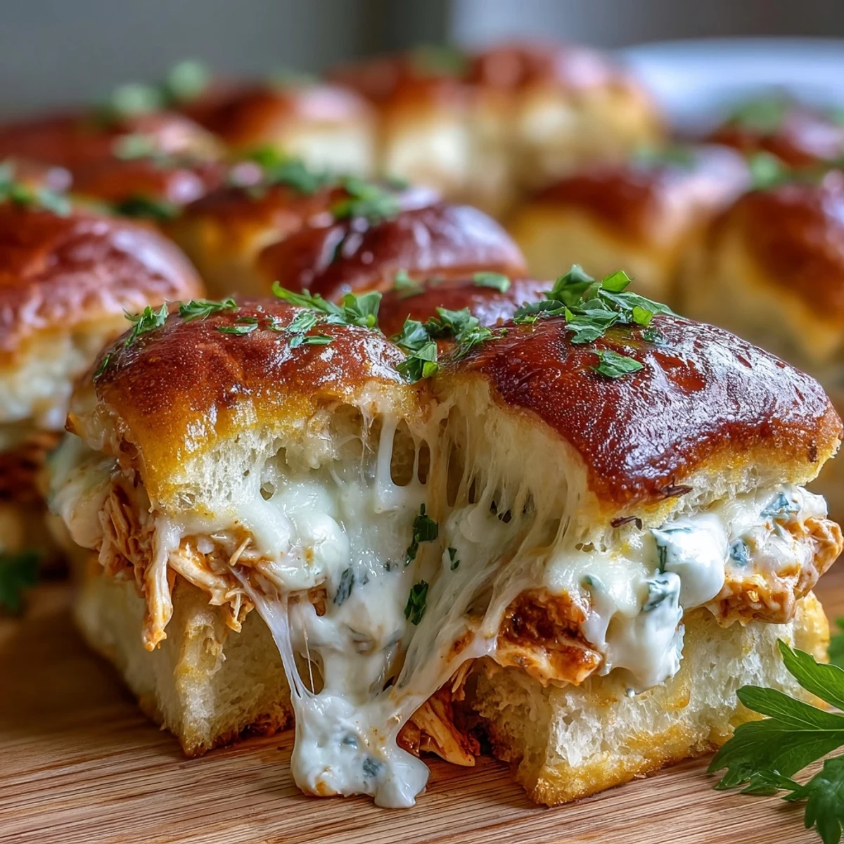 Golden-brown Pizza Dip Sliders fresh from the oven with bubbly melted cheese topping.