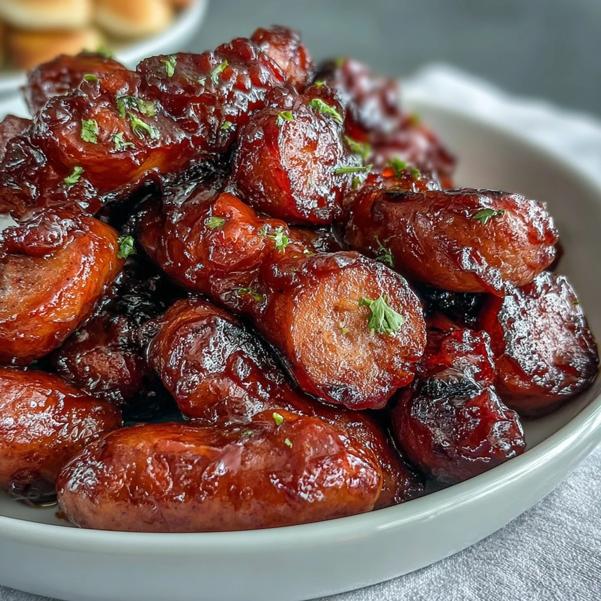 Crock Pot BBQ Cocktail Sausage glazed in sticky apricot barbecue sauce, served warm with toothpicks for a game-day appetizer.