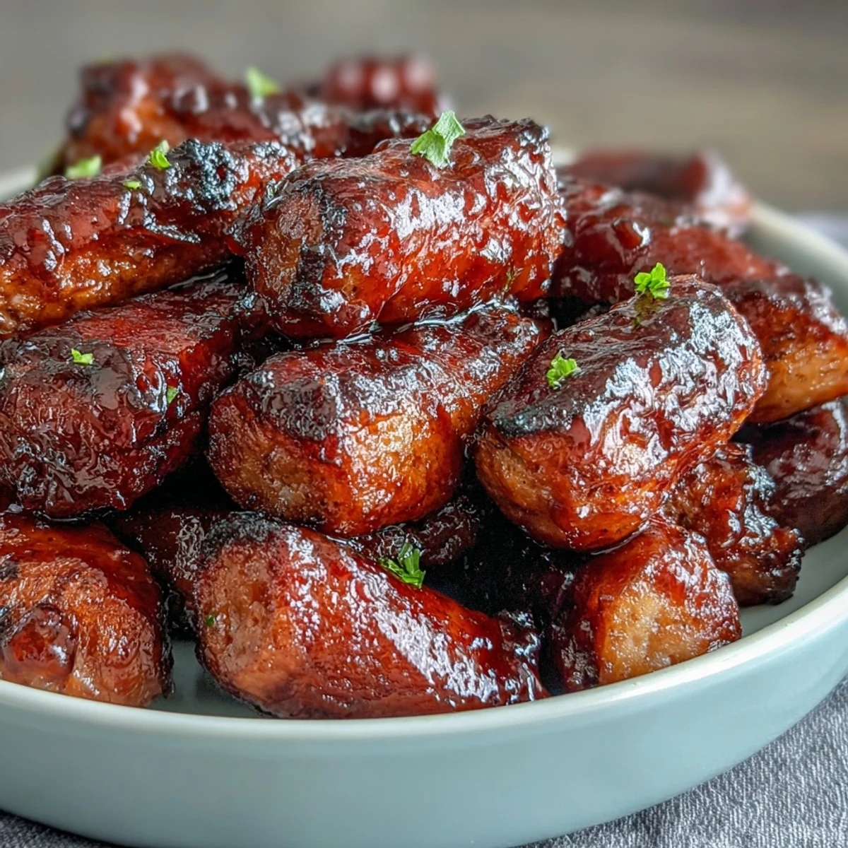 Golden Crock Pot BBQ Cocktail Sausage piled on a platter with pickles and chips, perfect for a gluten-free appetizer.