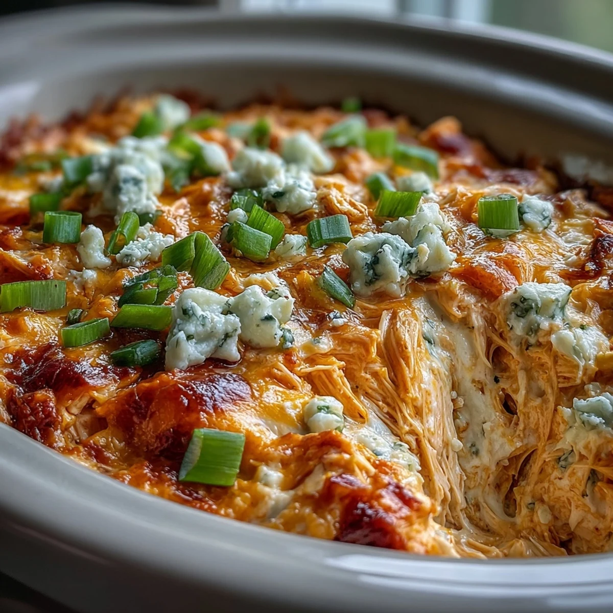 Gluten-free Crock Pot Buffalo Chicken Dip in a serving dish, garnished with scallions and paired with carrot and celery sticks.