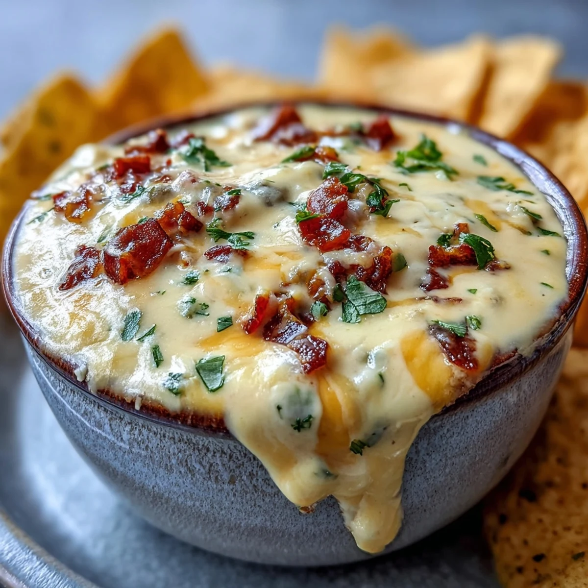 Bright, appetizing bowl of homemade Queso Dip, featuring smooth, melted cheese and fresh garnishes on a rustic table.