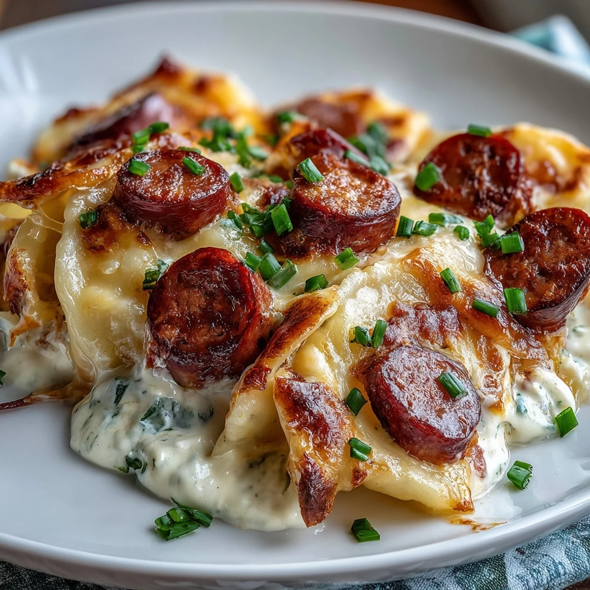 Golden-brown sliced kielbasa and melted cheddar cheese blanket tender potato pierogi in a Crockpot Pierogi Casserole.