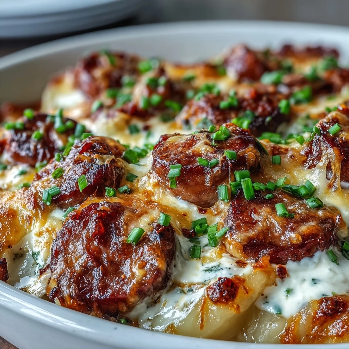 A dollop of sour cream and fresh chives garnish this slow-cooked family dinner, served bubbling hot.