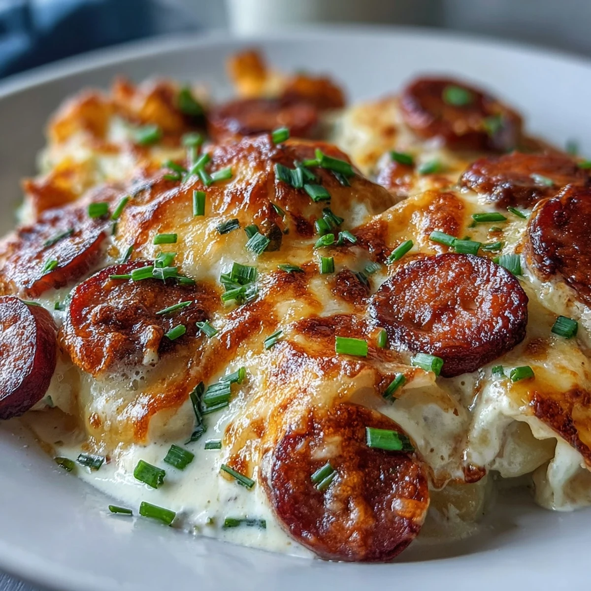 Hearty Eastern European comfort food with smoky sausage and creamy sauce filling a white ceramic baking dish.