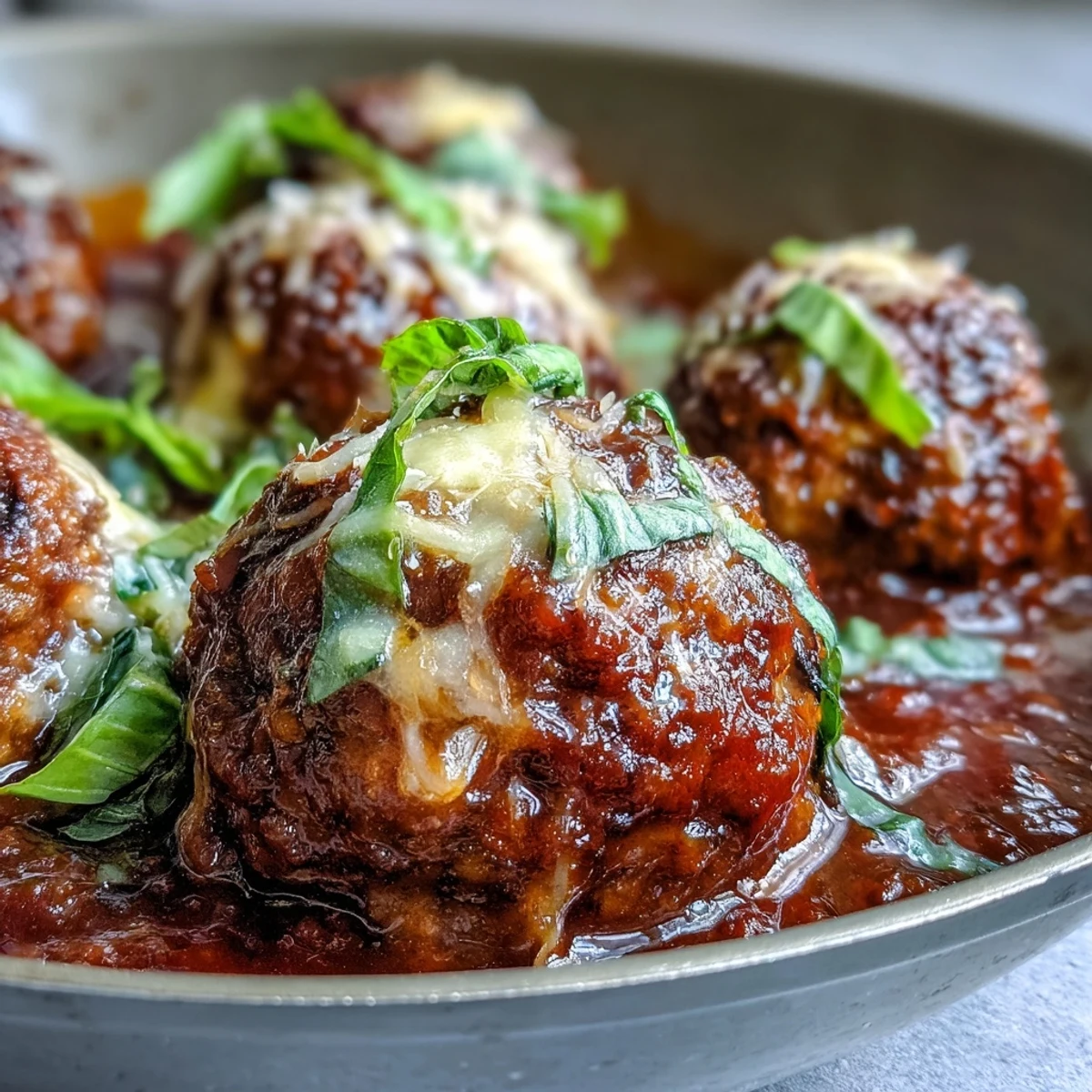 Garnished with fresh basil, these Cheesy, Garlicky Meatballs With Marinara simmer in a rich red sauce.