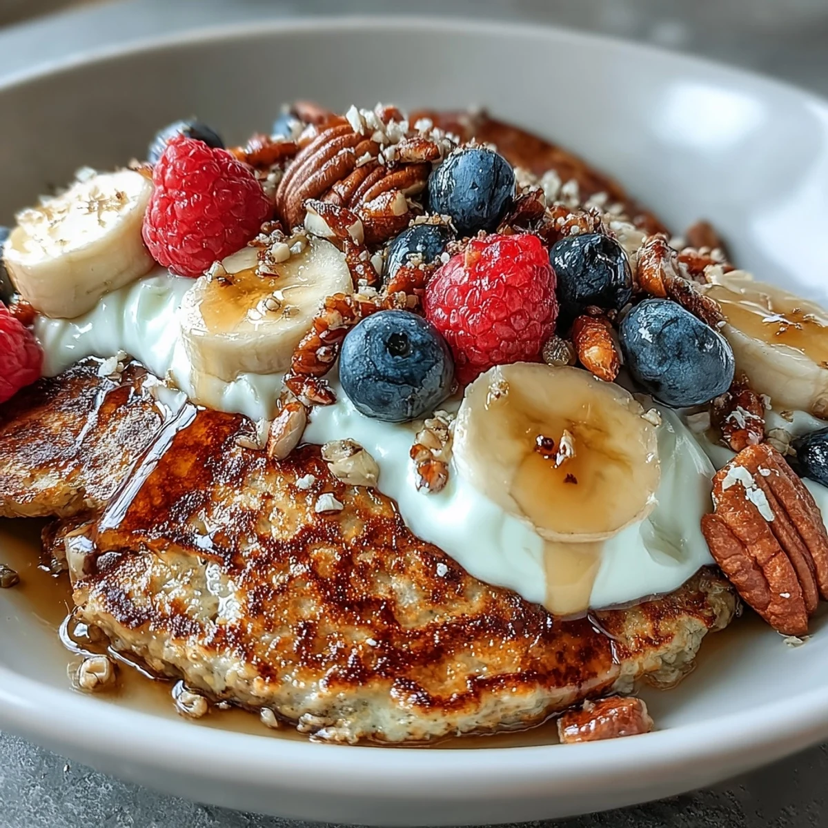 A finished Protein Pancake Bowl topped with sliced bananas, blueberries, walnuts, and nut butter, ready to be enjoyed for breakfast.