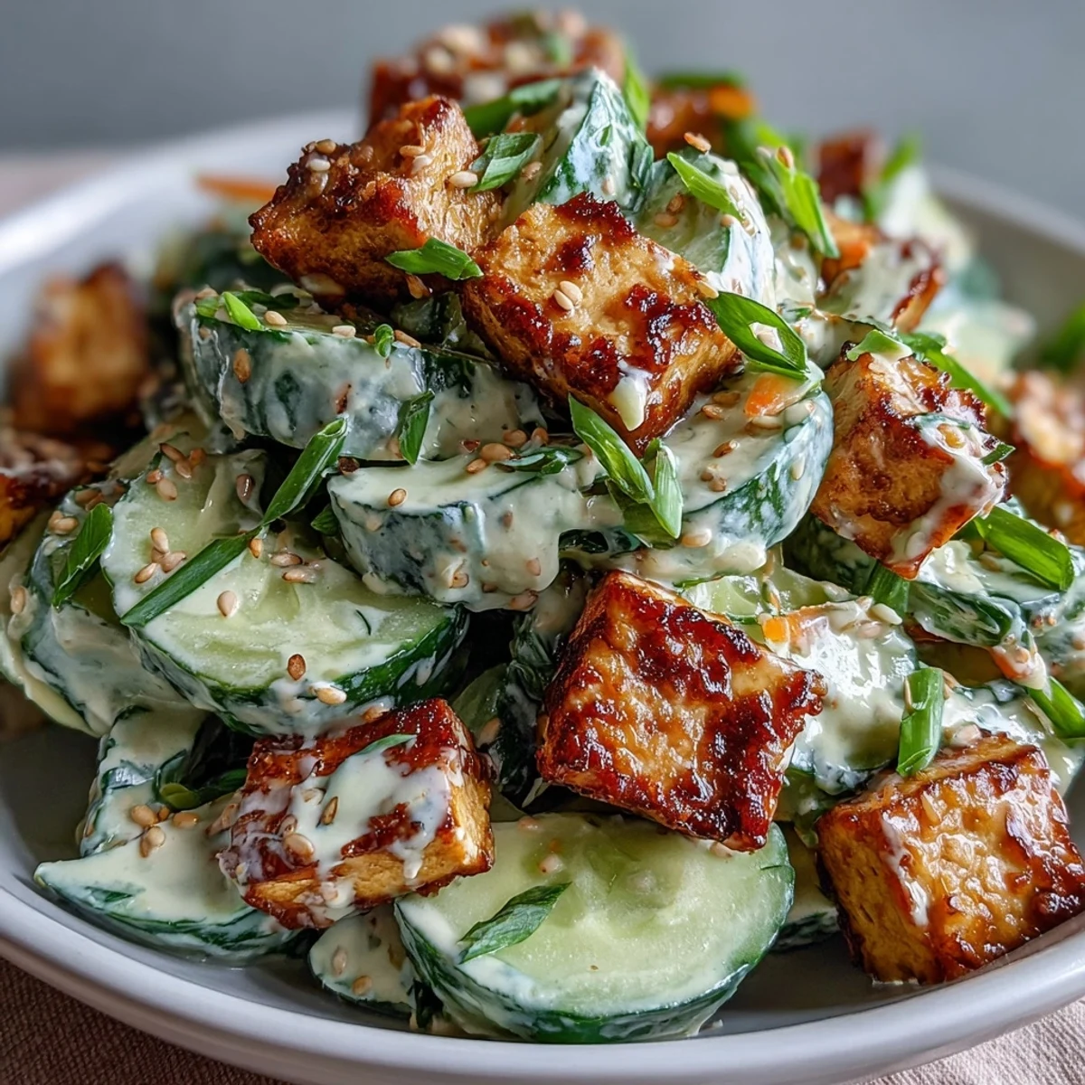 Golden, crispy tofu cubes sit atop a vibrant bowl of the Creamy Asian Cucumber Salad, featuring cool cucumber slices and bright orange carrot matchsticks.