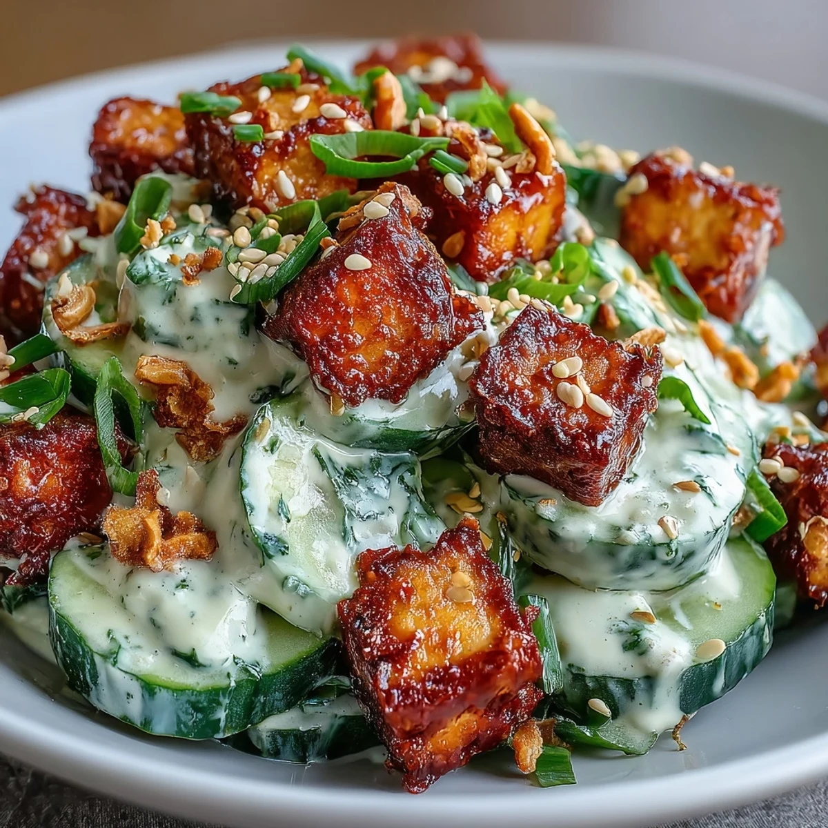Golden, ultra-crispy tofu rests on the cool, crunchy Creamy Asian Cucumber Salad, garnished with green onions and sesame seeds for a savory bite.
