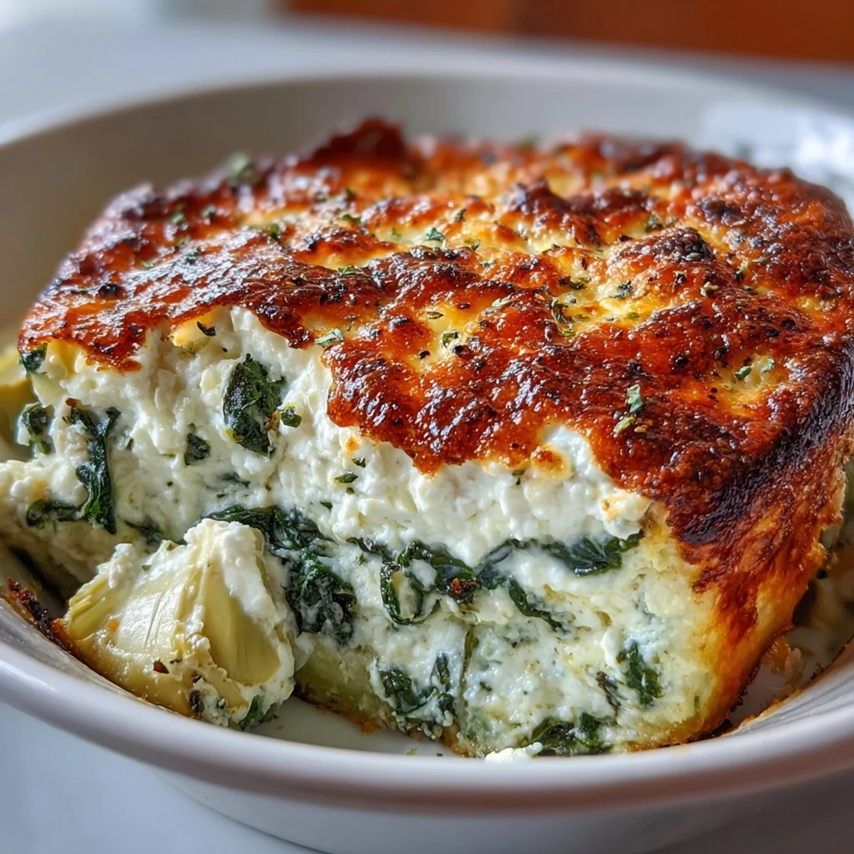 Golden-brown High Protein Spinach Artichoke Bake cooling on a wire rack with a fresh herb garnish.