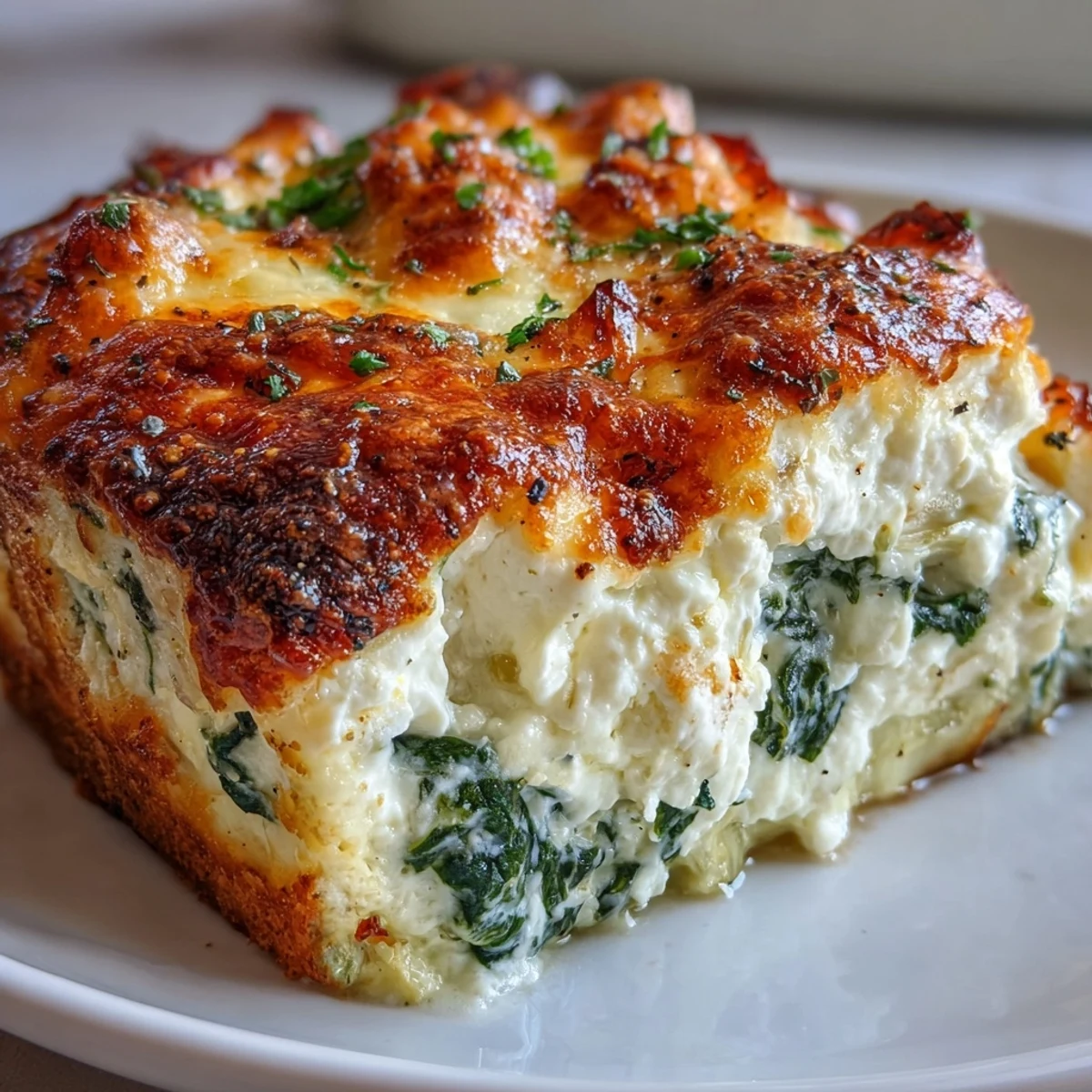 Serving High Protein Spinach Artichoke Bake from the casserole dish with a spatula and melted cheese pull.